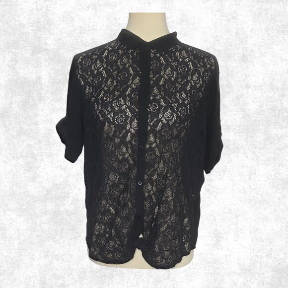 Black Lace Button-Up Blouse  Floral Sheer Size L โ Gothcore / Dark Academia - Picture 1 of 6